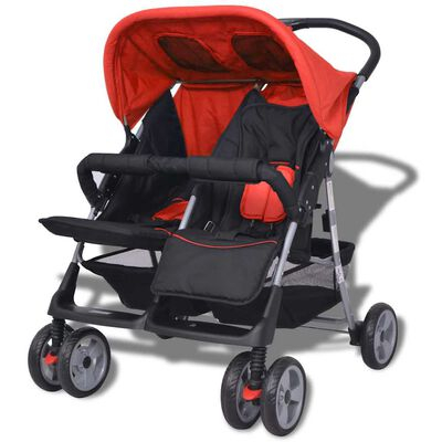 Carucior Dublu pentru Copii, Pliabil, Spatar Reglabil, Roti 360° – Rosu & Negru [8]