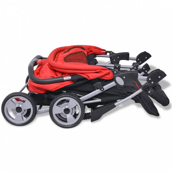Carucior Dublu pentru Copii, Pliabil, Spatar Reglabil, Roti 360° – Rosu & Negru [10]