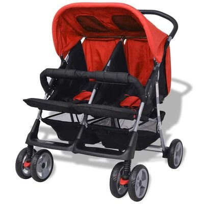 Carucior Dublu pentru Copii, Pliabil, Spatar Reglabil, Roti 360° – Rosu & Negru [2]