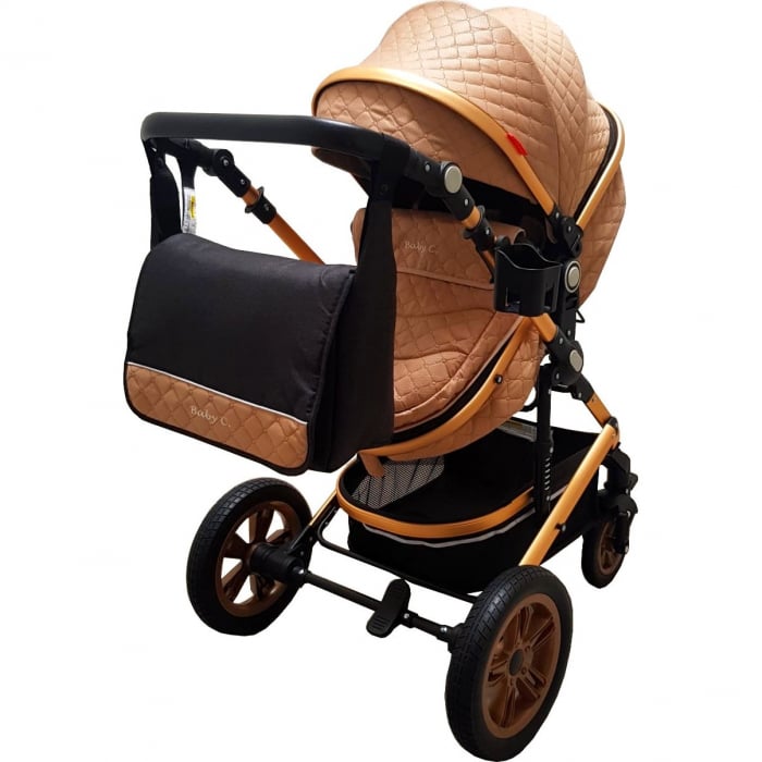 Carucior nou nascuti 3 in 1 Baby Care™  Geanta Bebe Landou, Scoica Auto, Plasa Insecte, Bej [5]