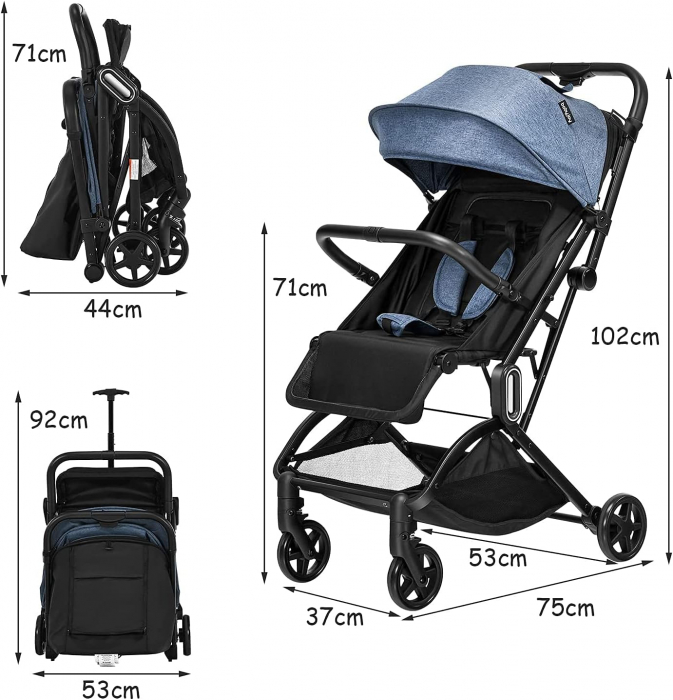 Carucior Sport Troler Pliabil cu Ham 5 Puncte Spatar Reglabil Copertina Albastru [10]