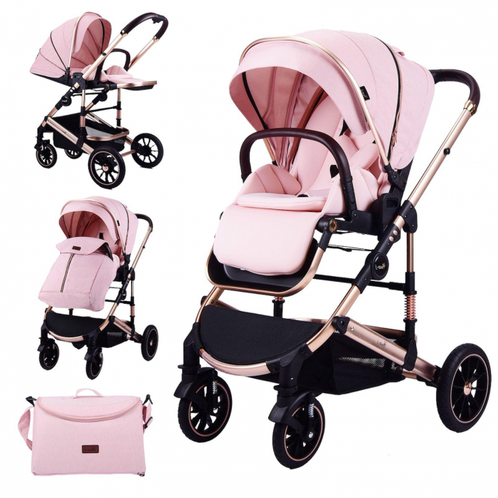 Carucior Transformabil 3 in 1 Copii Roz - Geanta, Scoica si Husa de Picioare [2]