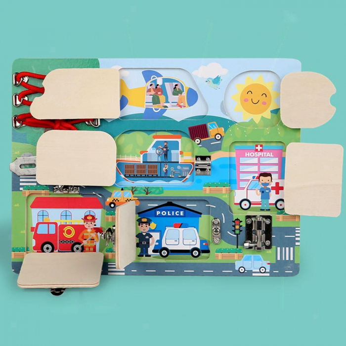 Puzzle Educativ Lemn Busy Board Urban – Vehicule si Profesii [1]