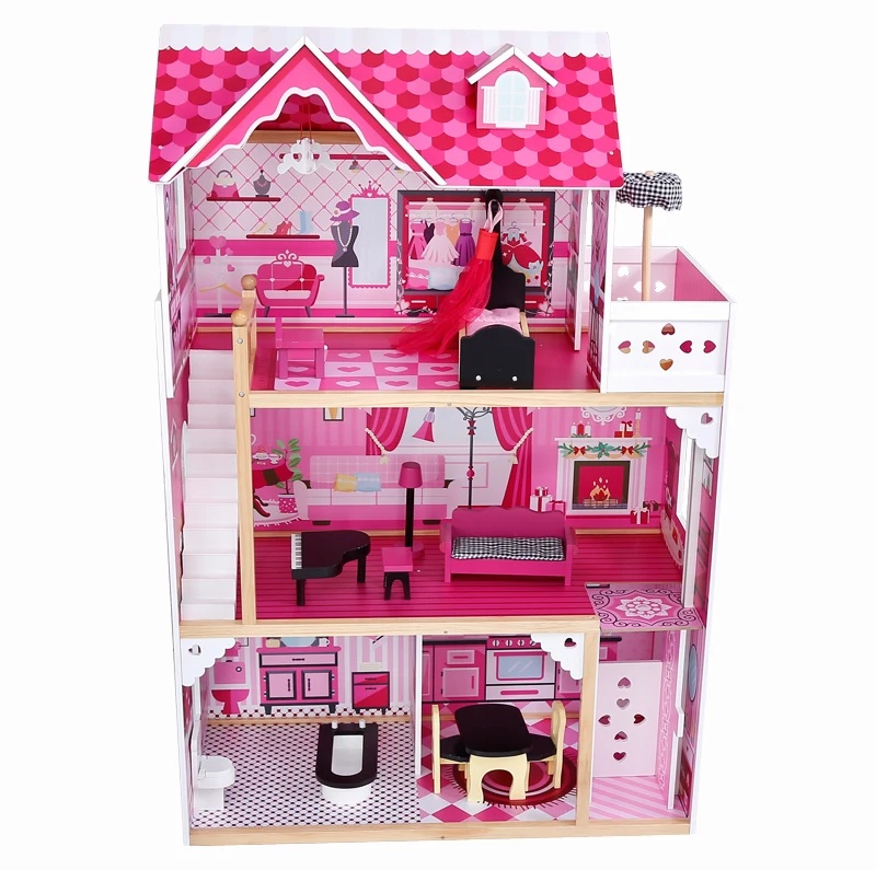 Casuta Papusi Mare din Lemn 3 etaje cu Mobila - Pink Vila [6]