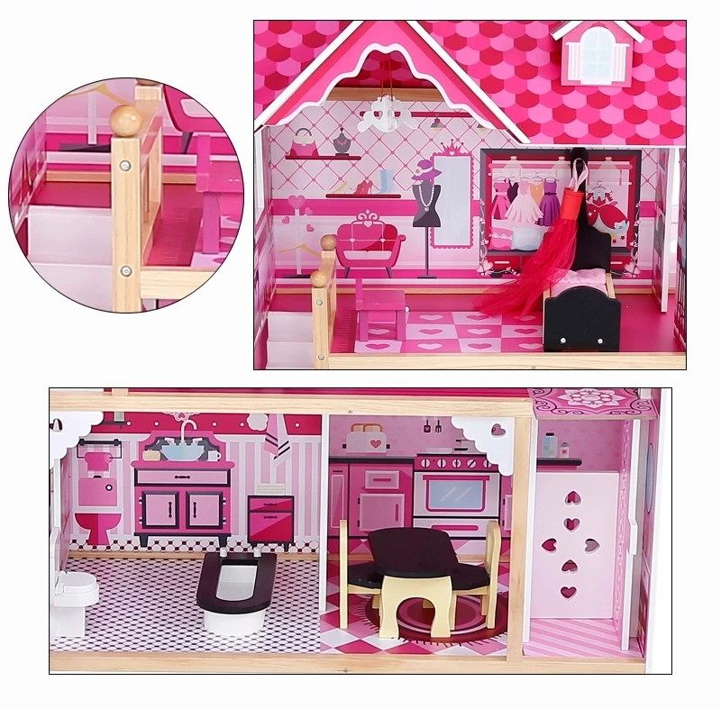Casuta Papusi Mare din Lemn 3 etaje cu Mobila - Pink Vila [4]