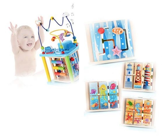 Cub Educativ 5 in 1 din Lemn Rotativ Kidus Marin Muzical [6]