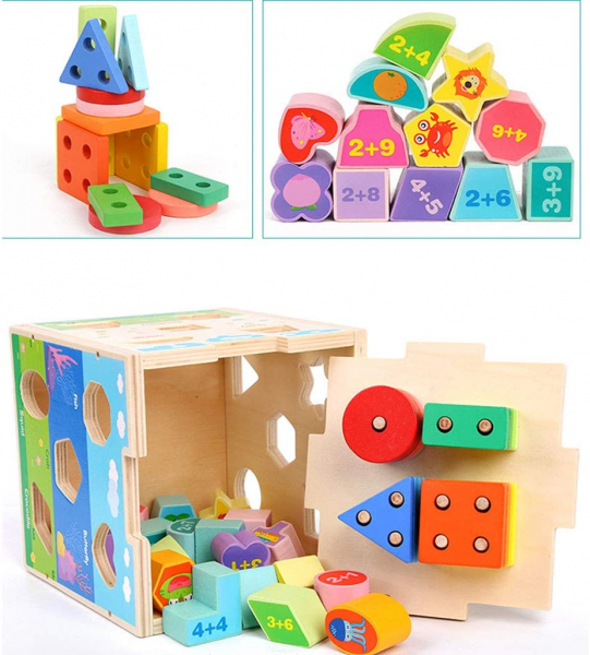 Cub din lemn educativ sortator si stivuire cuburi  5 in 1 [4]