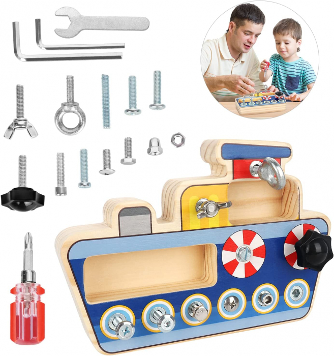 Joc Lemn Banc de lucru Montessori Busy Board Vaporasul cu Suruburi [9]