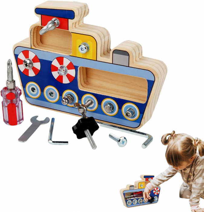 Joc Lemn Banc de lucru Montessori Busy Board Vaporasul cu Suruburi [5]