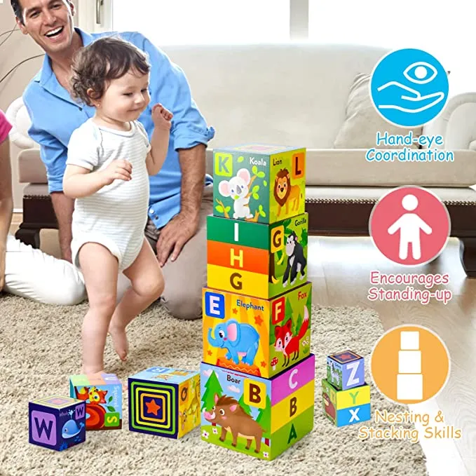 Set 10 Cuburi din Lemn de Stivuit Montessori Animale si Litere [3]