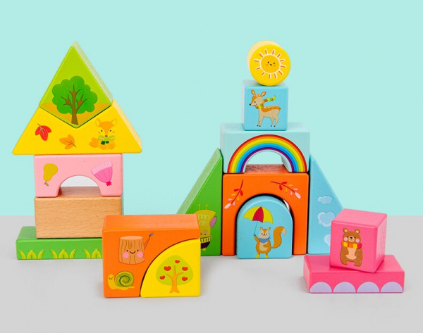 Set Cuburi de constructie cu animale din lemn cu cutie [4]