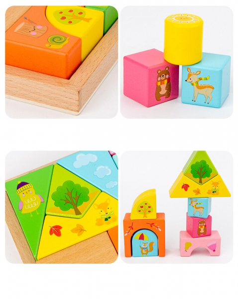 Set Cuburi de constructie cu animale din lemn cu cutie [10]