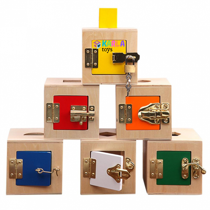 Cuburi Montessori din Lemn cu Incuietori si Forme Geometrice - Busy Board Educativ [2]