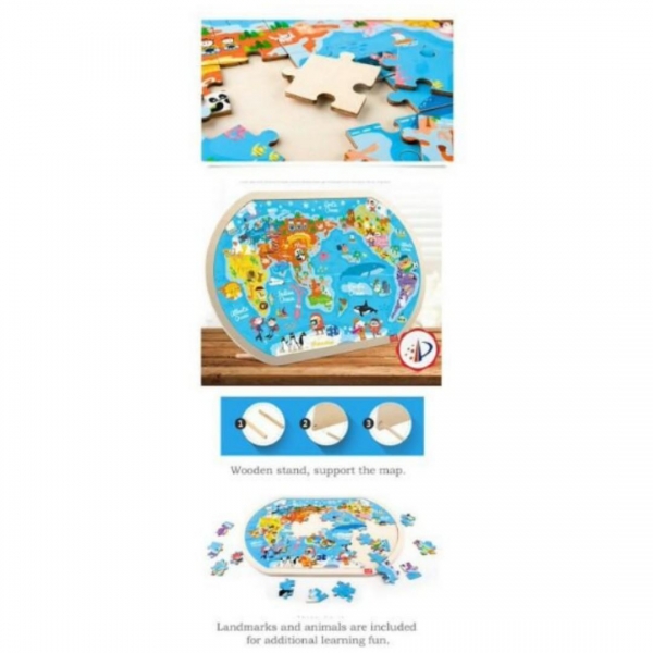 Joc Lemn Puzzle Interactiv Harta Lumii - Harta lumii lemn puzzle cu imagini  80 piese [3]