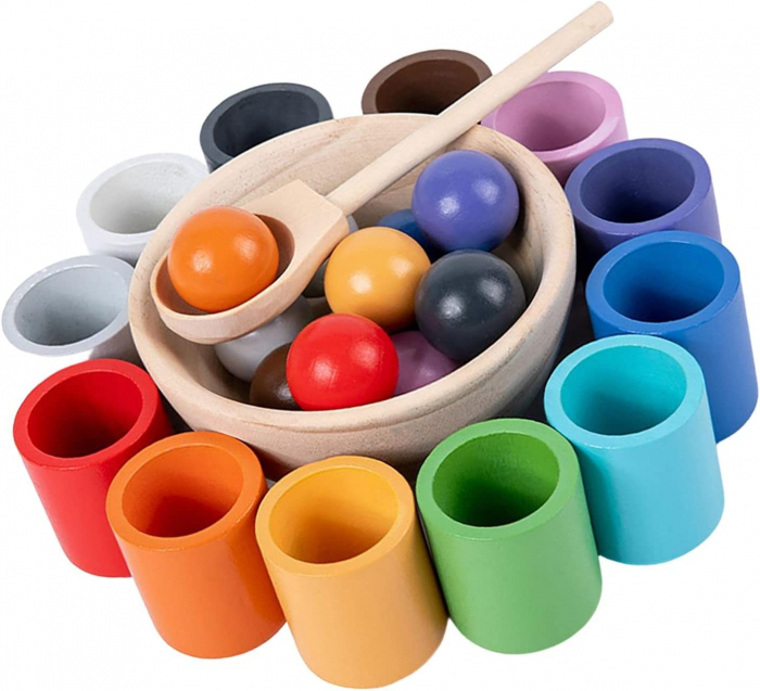 Joc din Lemn Montessori Cupe Clasificare Culori  Soartare Bile Curcubeu [2]