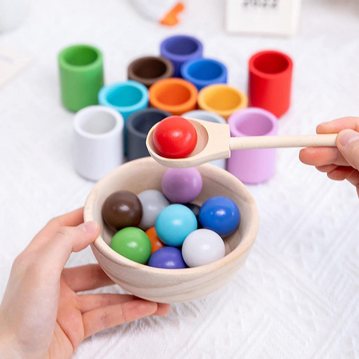 Joc din Lemn Montessori Cupe Clasificare Culori  Soartare Bile Curcubeu [3]