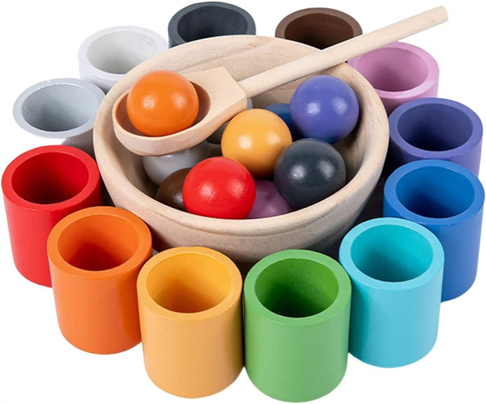 Joc din Lemn Montessori Cupe Clasificare Culori  Soartare Bile Curcubeu [4]