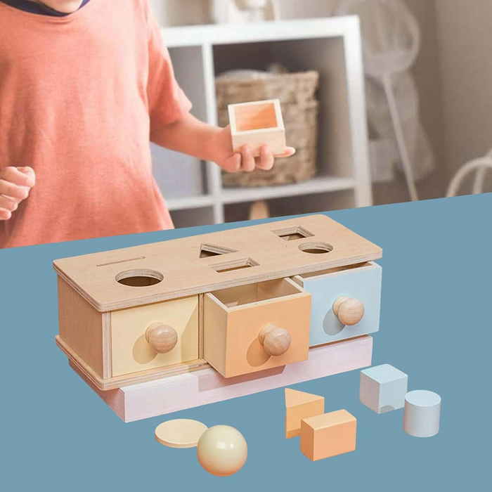 Joc din Lemn Montessori Cutia cu Sertare Forme Geometrice Baniti si Bila [3]