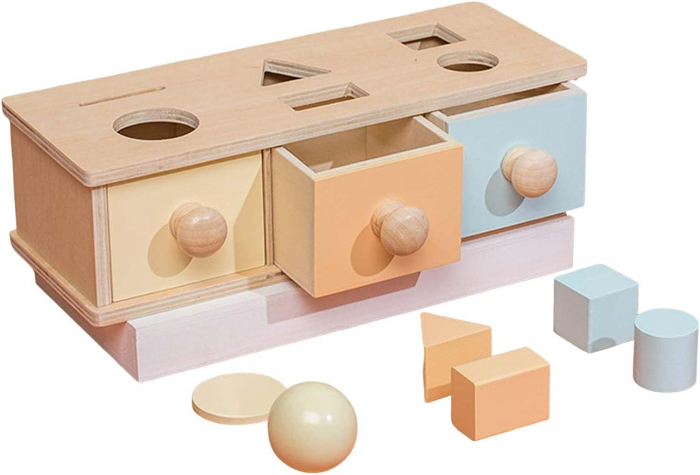 Joc din Lemn Montessori Cutia cu Sertare Forme Geometrice Baniti si Bila [4]