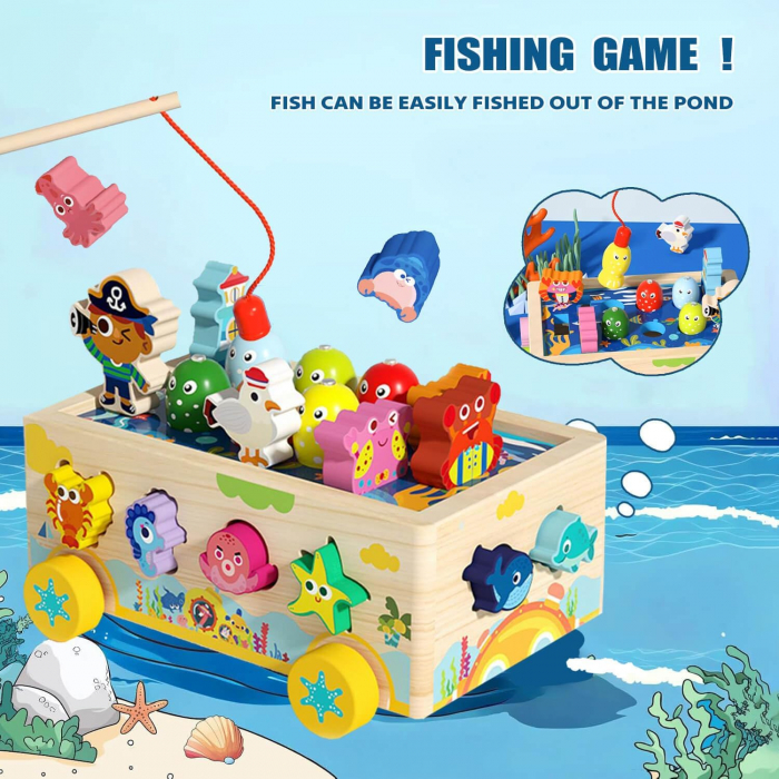 Jucarie Montessori din lemn – Masina de pescuit magnetica si sortare forme, tema oceanica [3]