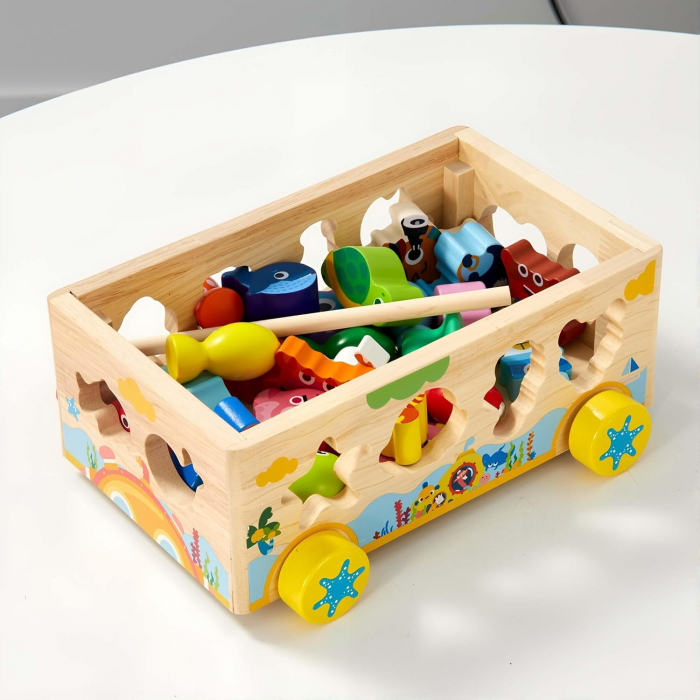 Jucarie Montessori din lemn – Masina de pescuit magnetica si sortare forme, tema oceanica [5]