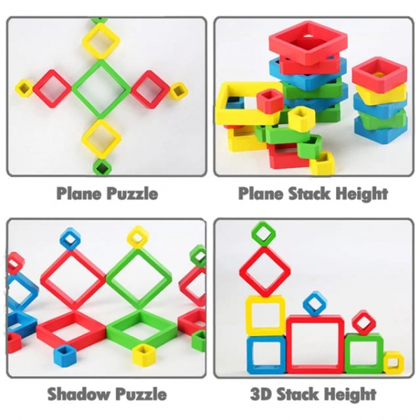Joc de Societate Stivuire din Lemn - Stacking Game Senzorial cu Forme Geometrice [4]