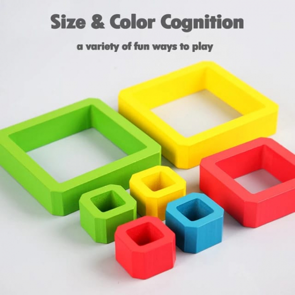 Joc de Societate Stivuire din Lemn - Stacking Game Senzorial cu Forme Geometrice [6]