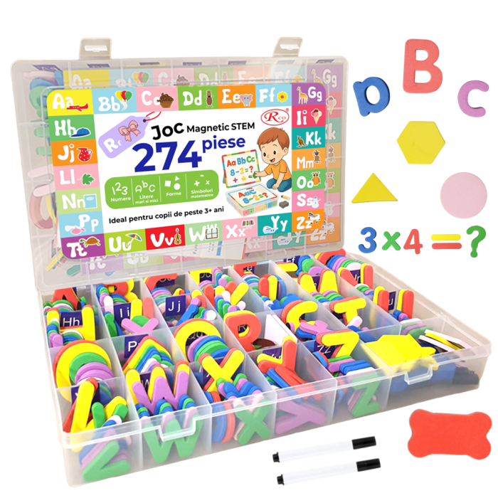 Set Magnetic STEM 274 Piese – Litere, Cifre si Forme Educationale cu Plansa si Cutie Organizatoare [1]