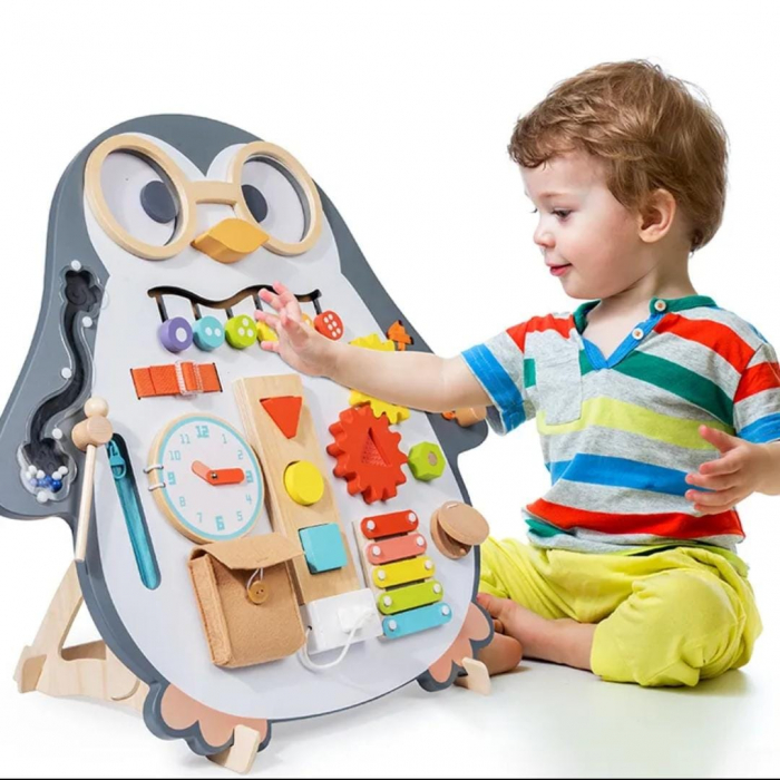 Joc Montessori Busy Board Pinguin 2 in 1 cu Tabla alba de desen [2]