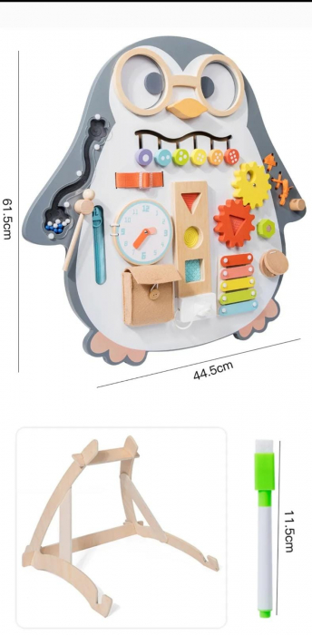 Joc Montessori Busy Board Pinguin 2 in 1 cu Tabla alba de desen [7]