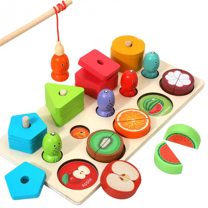 Joc Montessori din lemn 3 in1 Sortare si stivuire joc de pescuit magnetic [4]