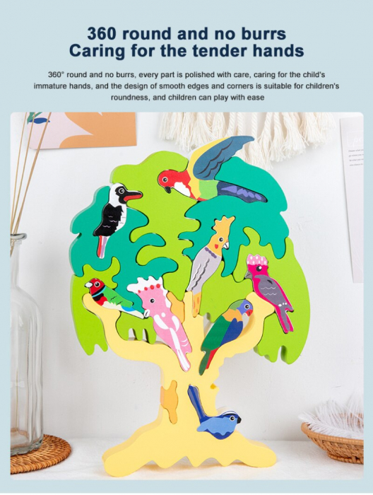 Joc Puzzle Montessori 3D Copacul cu Pasari – Puzzle Educativ din Lemn [7]