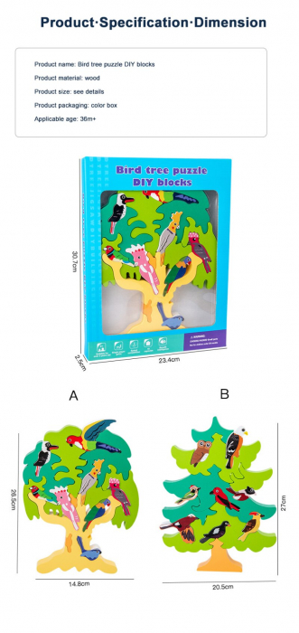 Joc Puzzle Montessori 3D Copacul cu Pasari – Puzzle Educativ din Lemn [10]