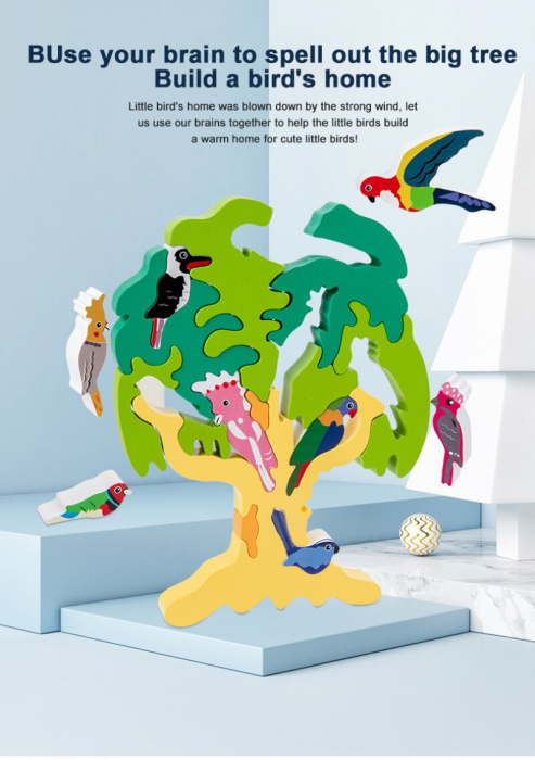 Joc Puzzle Montessori 3D Copacul cu Pasari – Puzzle Educativ din Lemn [9]