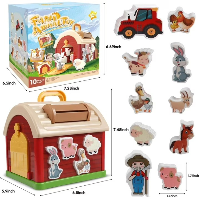 Joc Sortare Forme Hambar Animale Ferma, 10 Piese, Educativ, 18 Luni+ [2]