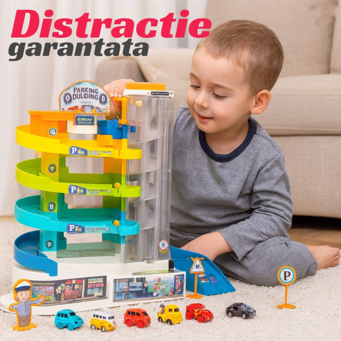 Set Parcare Interactiva cu Lift Automat, 6 masinute si piste spiralate, sunete lumini [5]