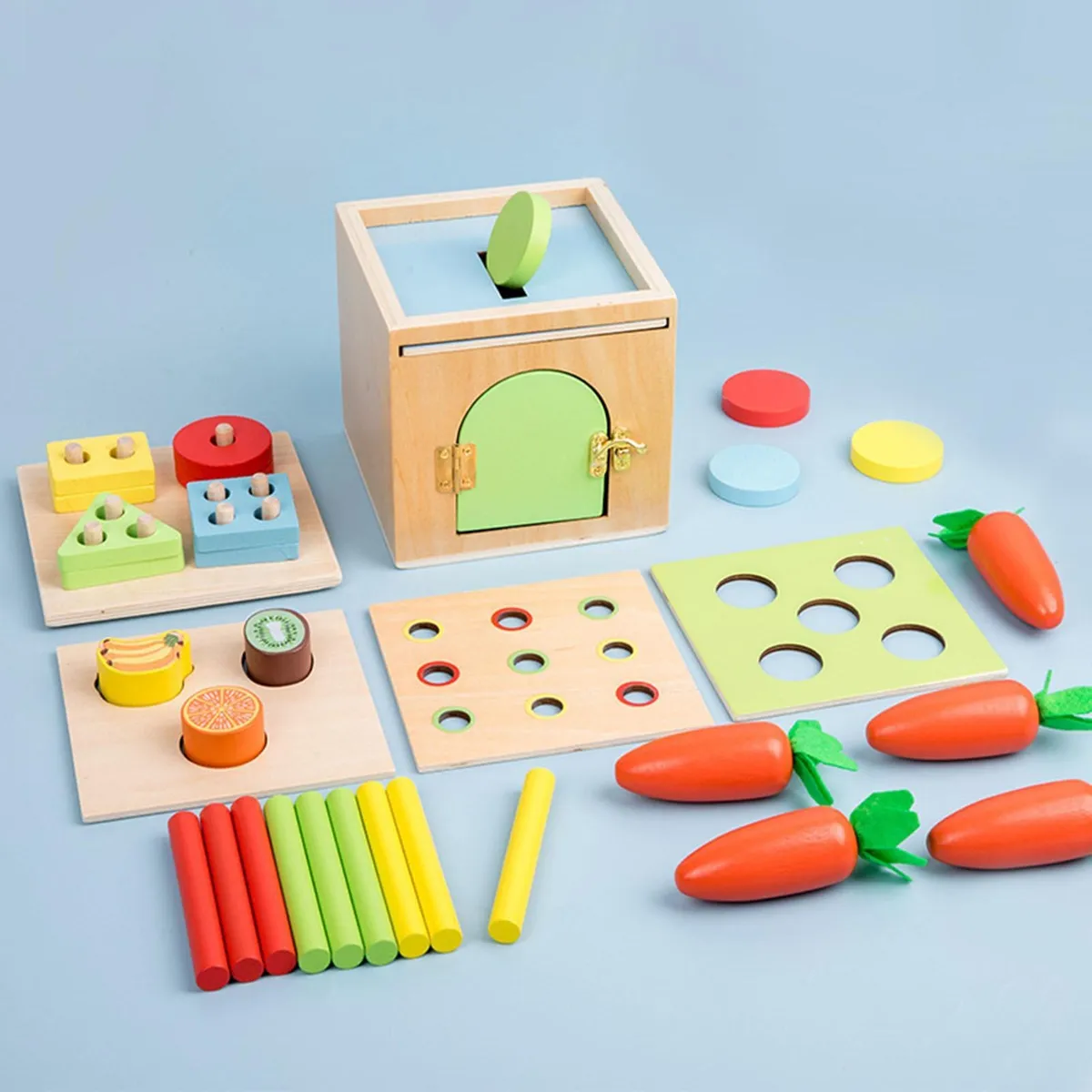 Jucarie educativa Montessori din lemn pentru recunoasterea formei si culorilor cu morcovi [2]