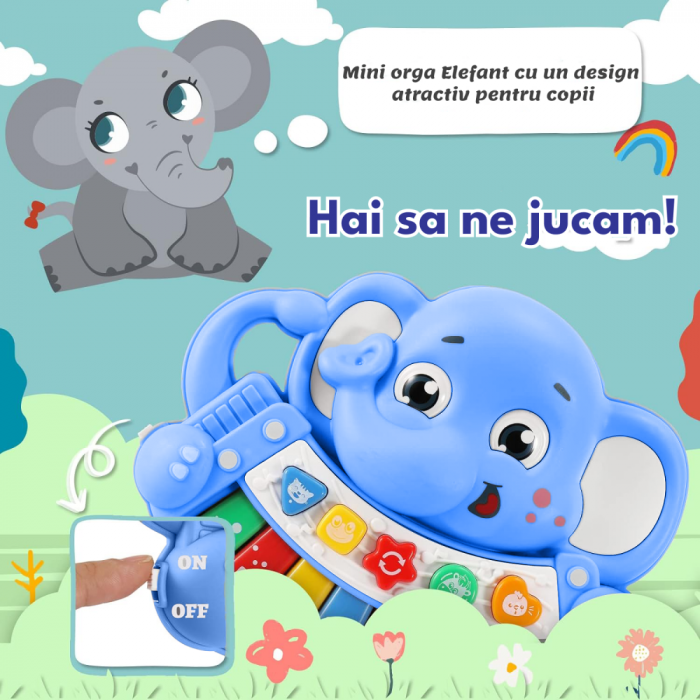 Jucarie Interactiva  muzicala Elefant albastru Pian cu lumini si sunete [3]