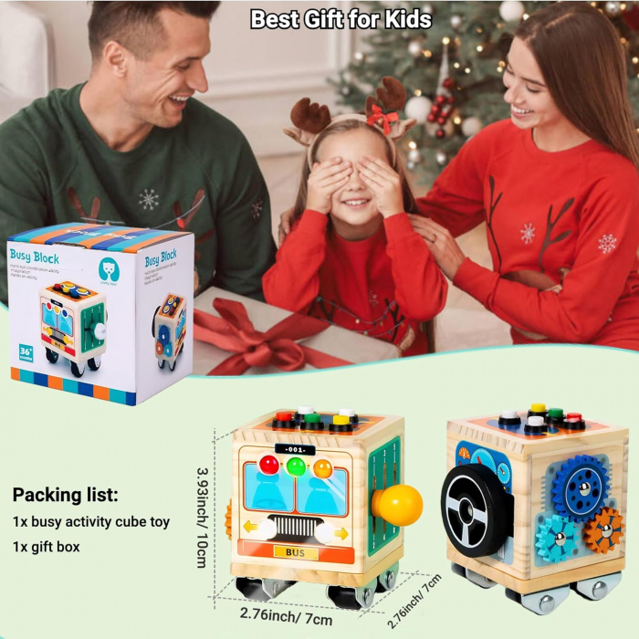 Jucarie Montessori Cub de Activitate Senzoriala din Lemn cu LED si Volan [5]