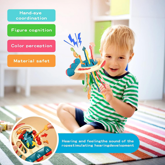 Jucarie senzoriala din Silicon Montessori Bebelusi Dentitie Motricitate cu Activitatii Racheta [3]