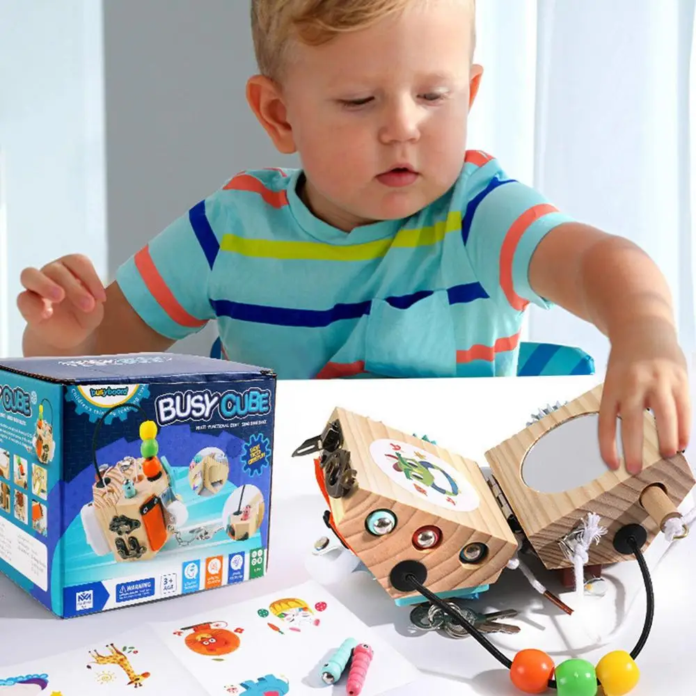 Jucării din Lemn Montessori pentru Copii - Cub Senzorial Busy Board [4]