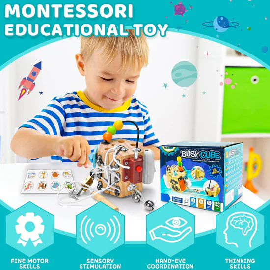 Jucării din Lemn Montessori pentru Copii - Cub Senzorial Busy Board [8]