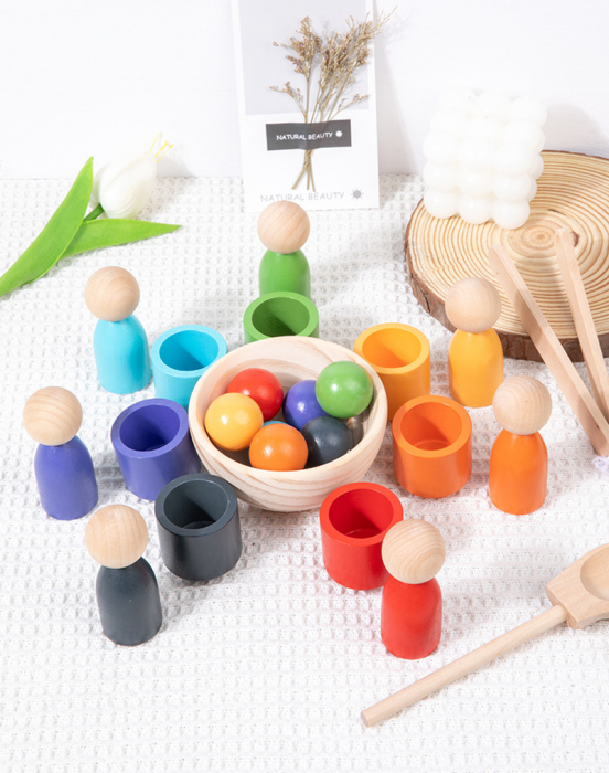 Jucarii Montessori din Lemn - Set de Sortare a Culorilor cu Cupe si Bile pentru Copii [10]