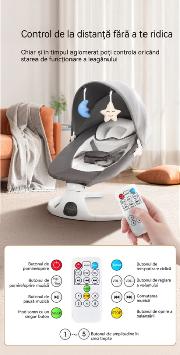 Leagan Electric Gri Bebelusi Bluetooth, Muzica, Senzor de Miscare Balansoar Multifunctional [8]
