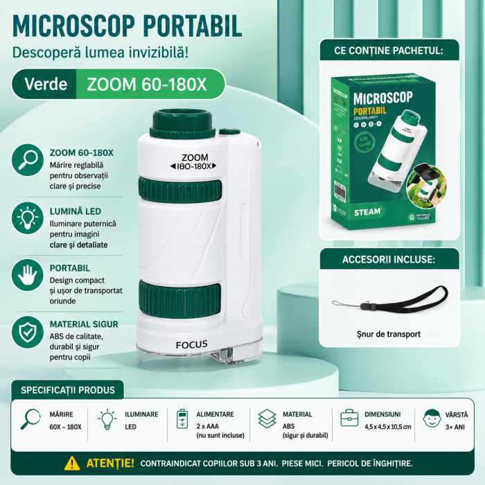 Microscop Portabil Copii 60-180x LED  2in1 Stativ [8]