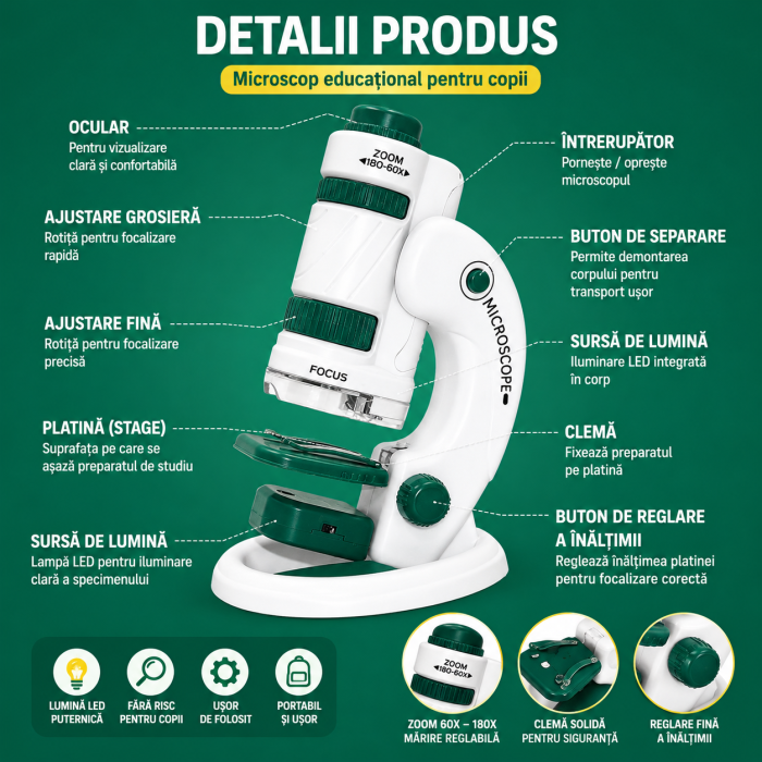 Microscop Portabil Copii 60-180x LED  2in1 Stativ [6]