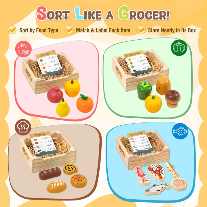 Mini Magazin Alimentar Lemn 37 Piese — Fructe Legume Paine Fructe de Mare [3]
