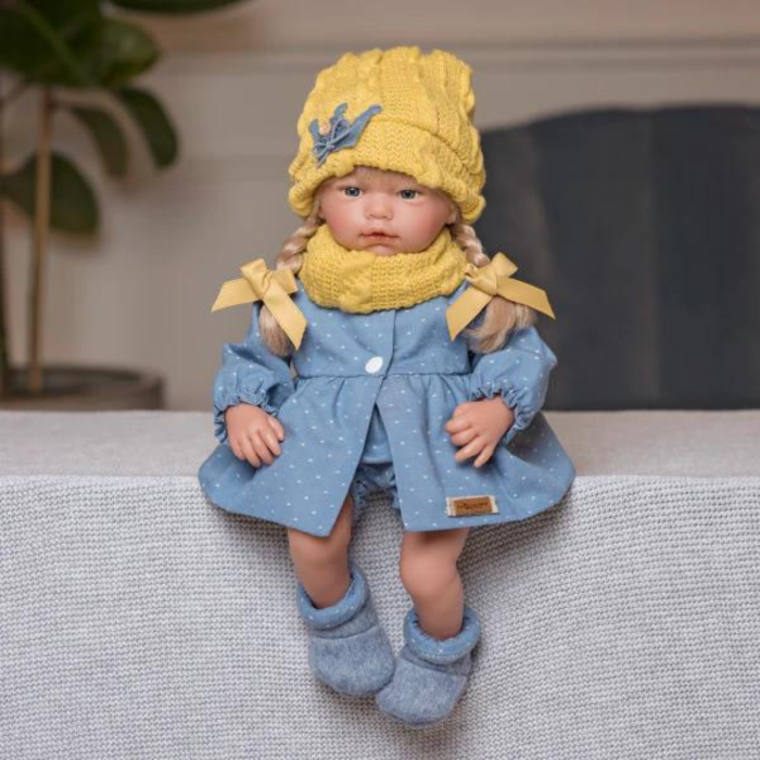 Papusa Bebelus Ana Reborn cu par Blond si caciulita galbena 38 cm Guca [3]