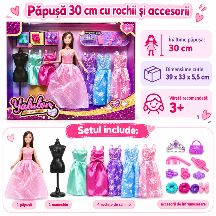 Papusa Fashion 30 cm, Set cu 5 Rochii si Accesorii [2]