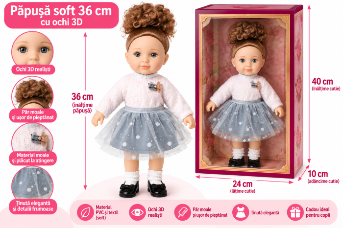 Papusa Jelena 36 cm, Corp Moale, Ochi 3D, Fustita Gri [2]